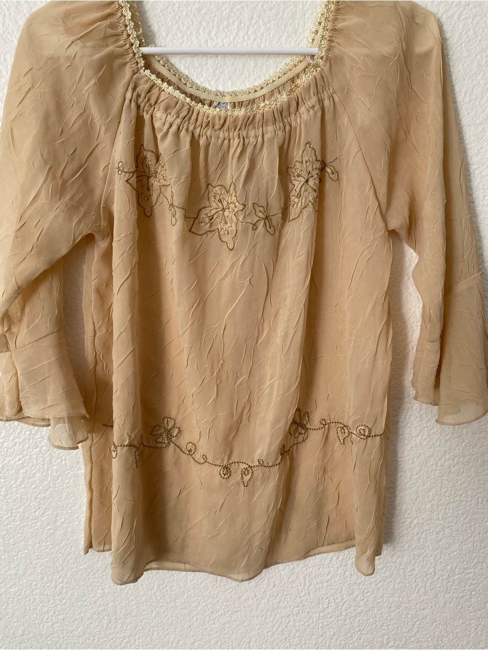 Sheer Beige Peasant Blouse with Embroidered Detail